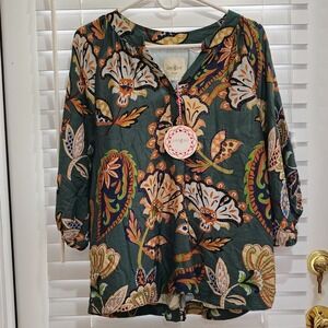 UMGEE Tunic Top Womens Small Green Paisley Floral Peasant Blouse 3/4 Sleeve Boho